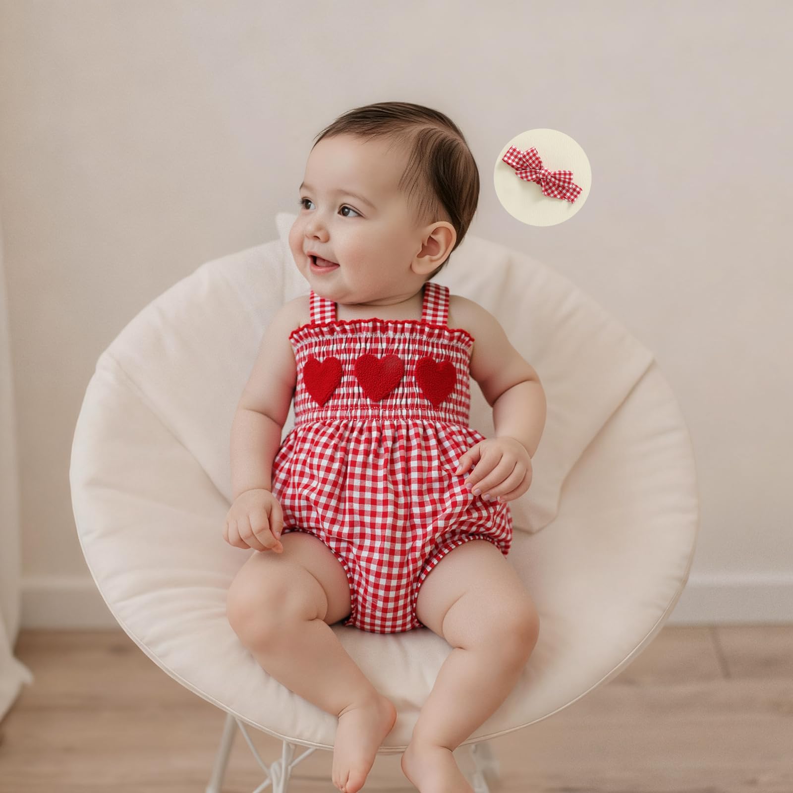 Acrawnni Newborn Infant Baby Girl 1st Valentine's Day Outfit Plaid Heart Sleeveless Suspender Jumpsuit with Headbands Sets (A-Red - Image 3
