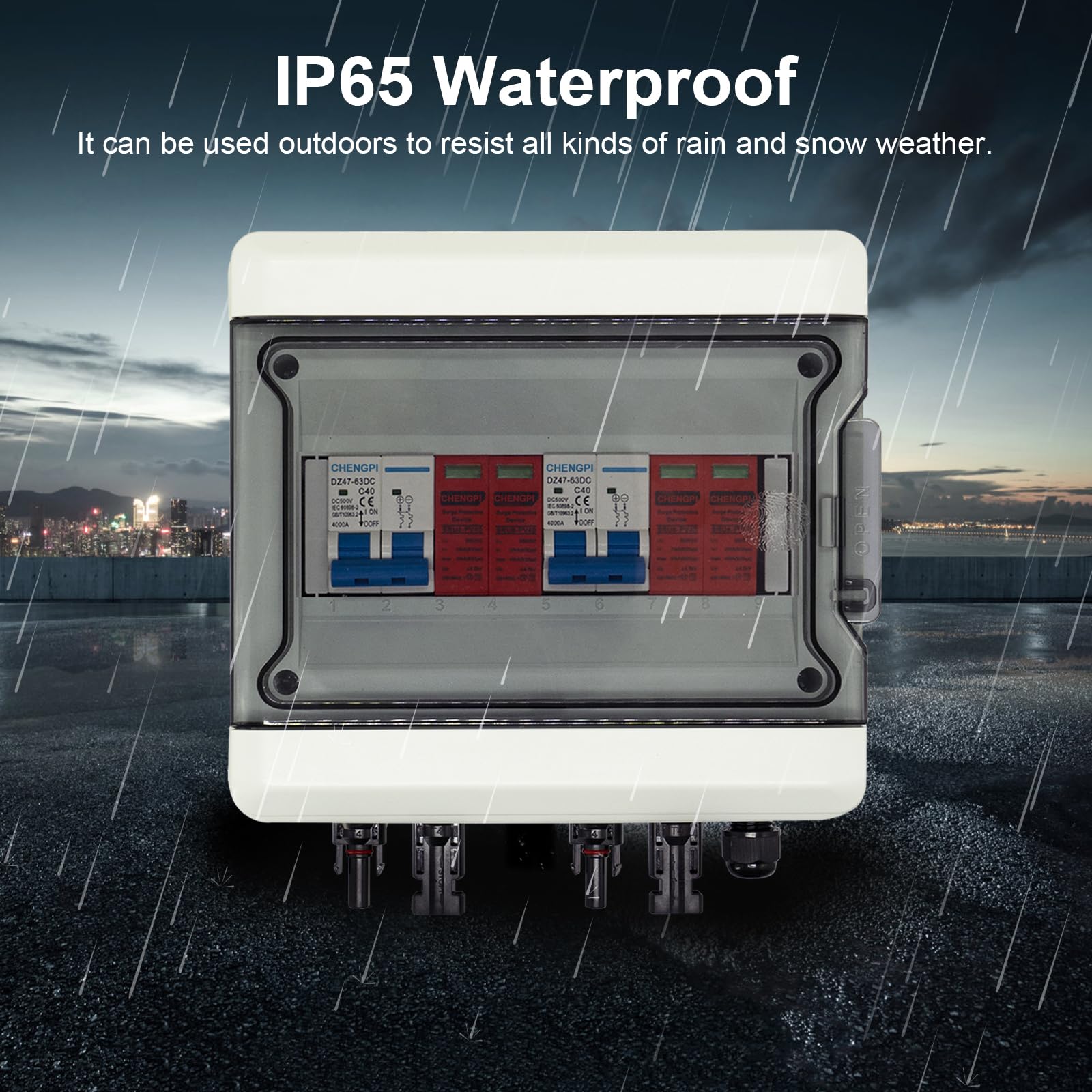 Protección Contra Sobretensiones PV DC, Seccionador Protección Contra Rayos Disyuntor DC 2 Cadena 500V 40A, IP65 Caja de Conexiones Solar a Prueba de Agua para Fotovoltaica (2 en 2 fuera）