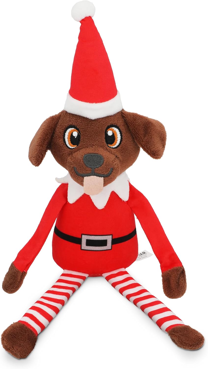 PUPROAR Pooch on a Perch - Christmas Elf Dog Toy, Cute Plush Dog Present with Crinkle & Squeak, Elf Pet Holiday Toy & Puppy Stocking Stuffer