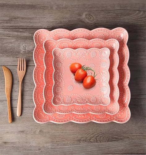 Miniatura 7 de Eplze YBK Tech - Plato cuadrado elegante de encaje en relieve, plato de postre de porcelana de hueso para desayuno o té de la tarde (rosa, 6