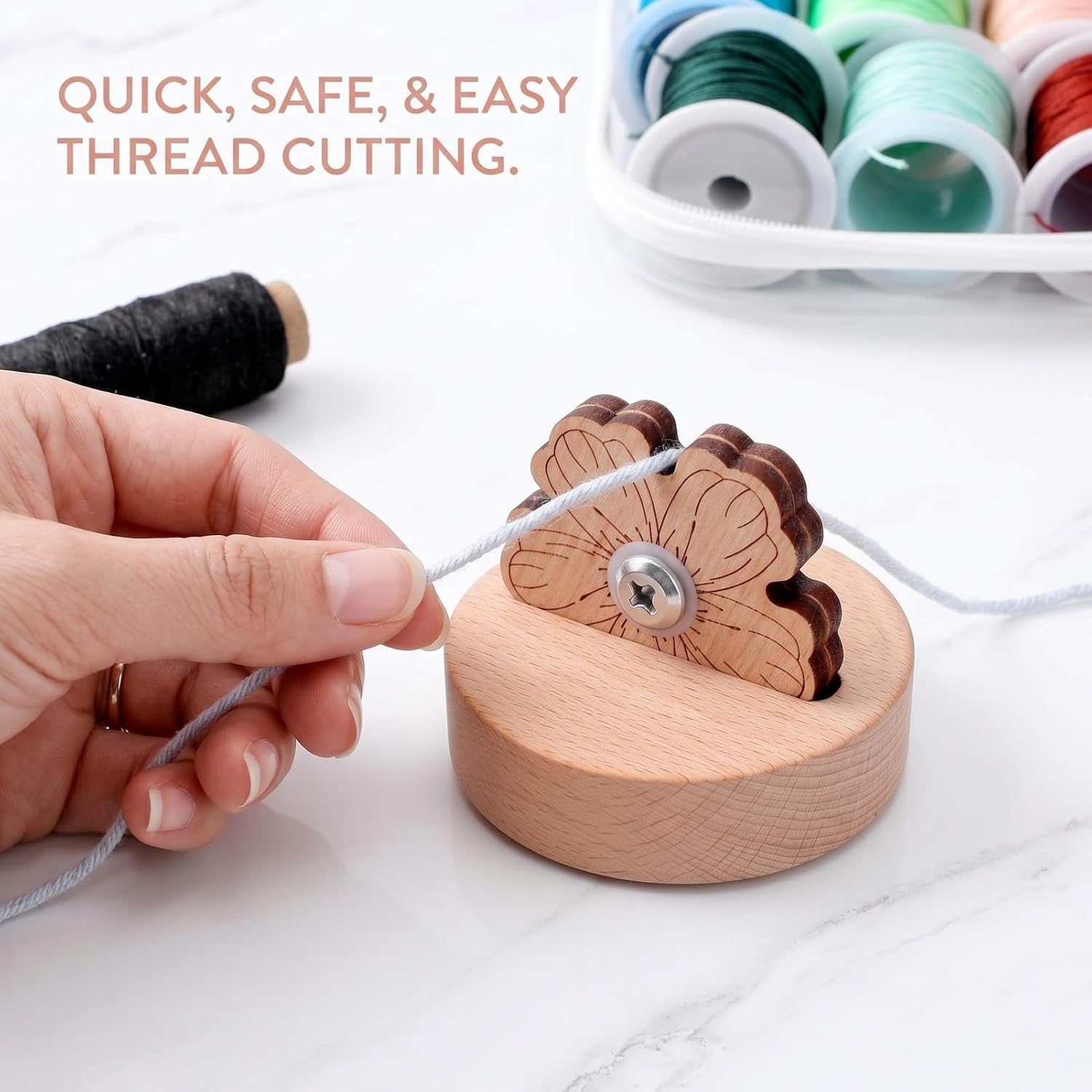 1Pcs Tabletop Blade Saver Yarn Cutter With Anti-Slip Thread Snip Cutters,Stand Wooden Rotary Thread Cutting Tool Sewing Seam Supplies Quilting Notions