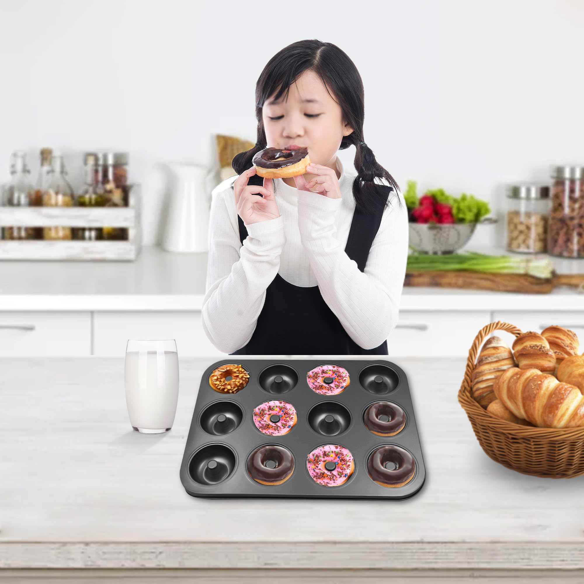 2 moldes para donas para hornear, bandeja antiadherente para donas de 12 cavidades, bandejas de acero al carbono para mini bagels y pasteles, donas para hornear horno (negro) 9