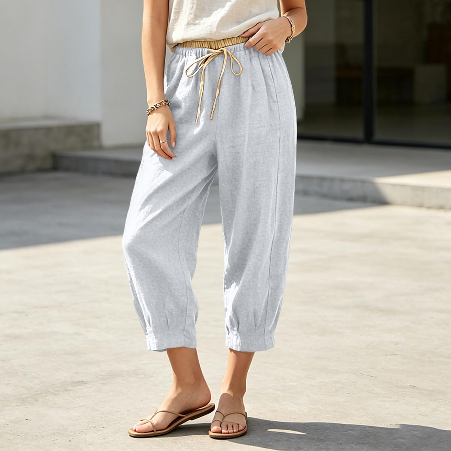 Womens Linen Capri Pants Elastic Waist Tie Front Loose Harem Pants Breathable Beach Vacation Trousers with Pockets