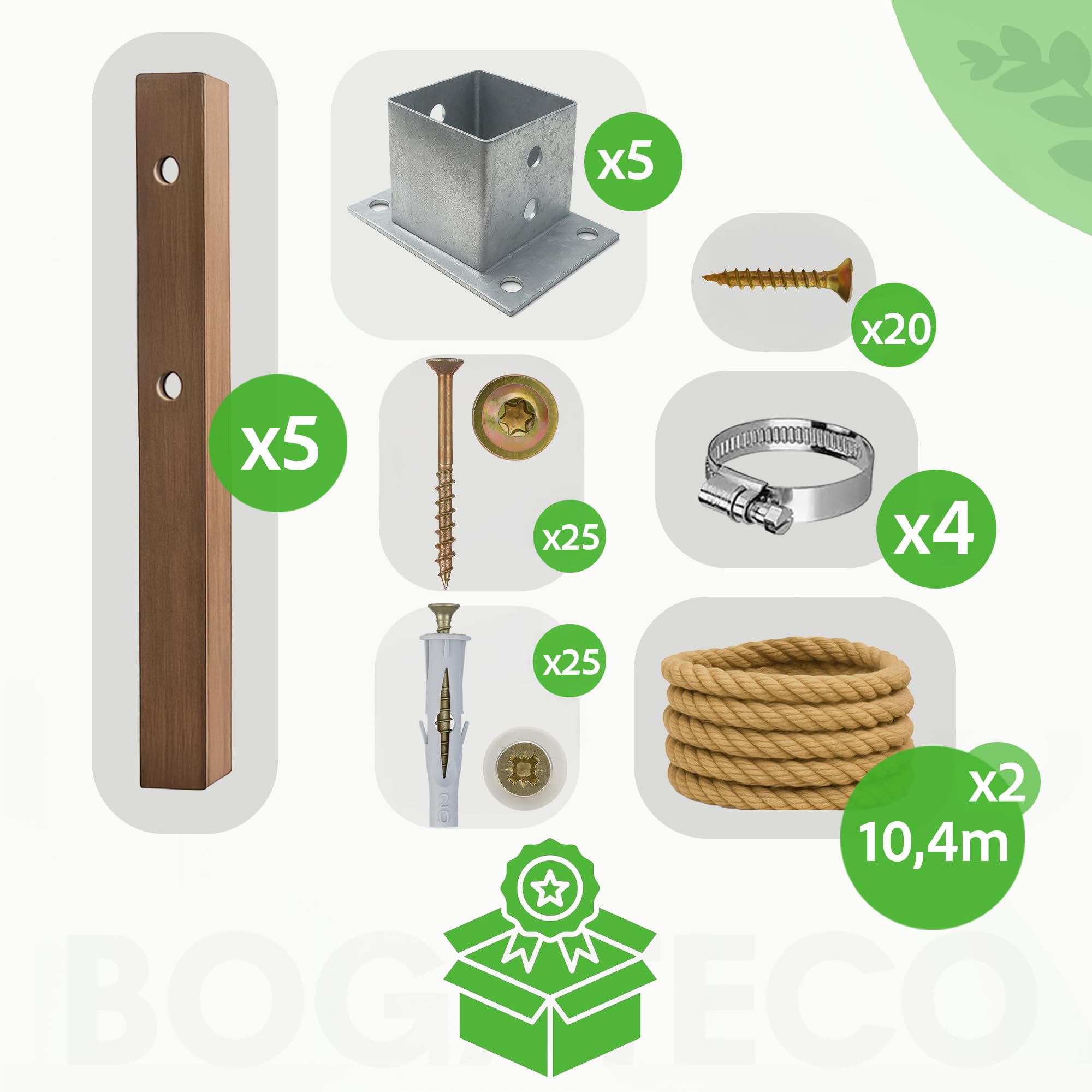 Bogateco Ogrodzenie drewniane, podwójne ogrodzenie linowe, 8 m, kompletny zestaw odgradzający z 2 linami jutowymi 30 mm i drewnianymi słupkami, impregnowane drewno wraz z kotwą podłogową do