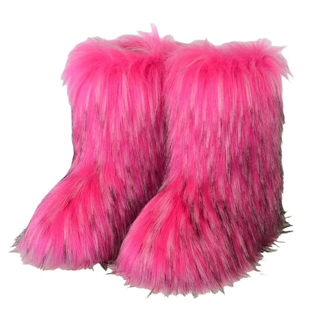 Fur Boots Womens Faux Fur Boot Furry Fluffy Short Snow Boot Mid-Calf Boots Warm Comfortable Outdoor Flat Shoes