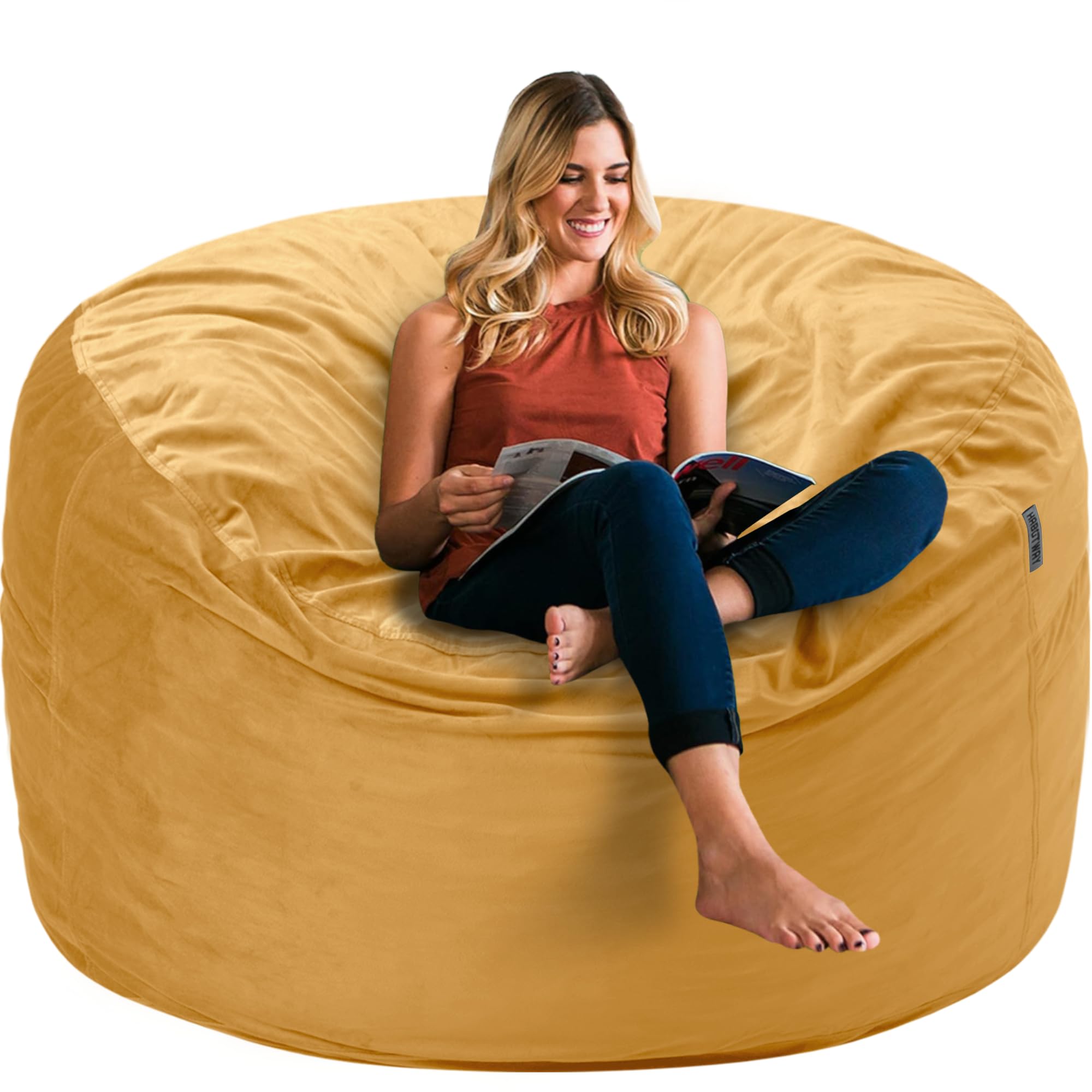 Bean Bag Chair 3Ft Luxurious Velvet Ultra Soft Fur with High Rebound Memory Foam Bean Bag Chairs for Adults Plush Lazy Sofa with Fluffy Removable Sponge 3' (Mustard)