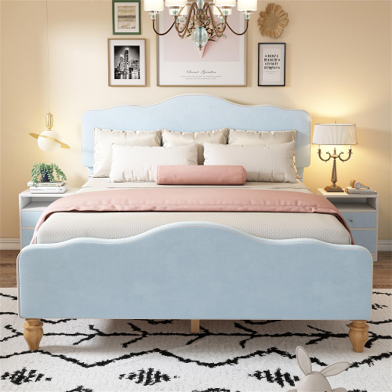 Letto imbottito con testiera e pediera ondulati, design europeo, 140 x 200 cm, rete a doghe in legno, per adulti e ragazzi