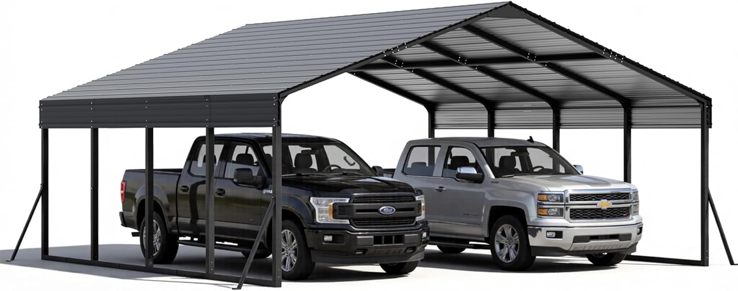 Gotland 20 FT x 20 FT Metal Carport, Heavy Duty Carport with Reinforced Frame, All-Weather Car Canopy with Reinforce Wind-Resistant Roofs, Multi-Functional Outdoor Garage for Car Truck Black