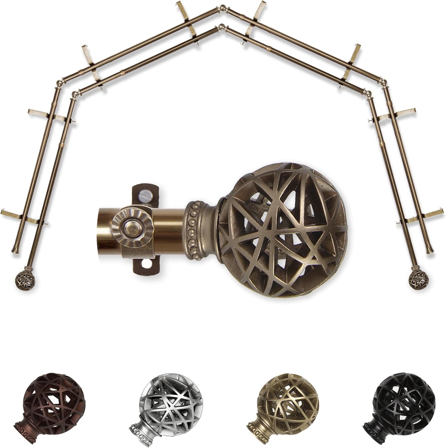 A&F Rod Décor - Legend 13/16" 4-Sided Double Bay Window Curtain Rod - Antique Brass