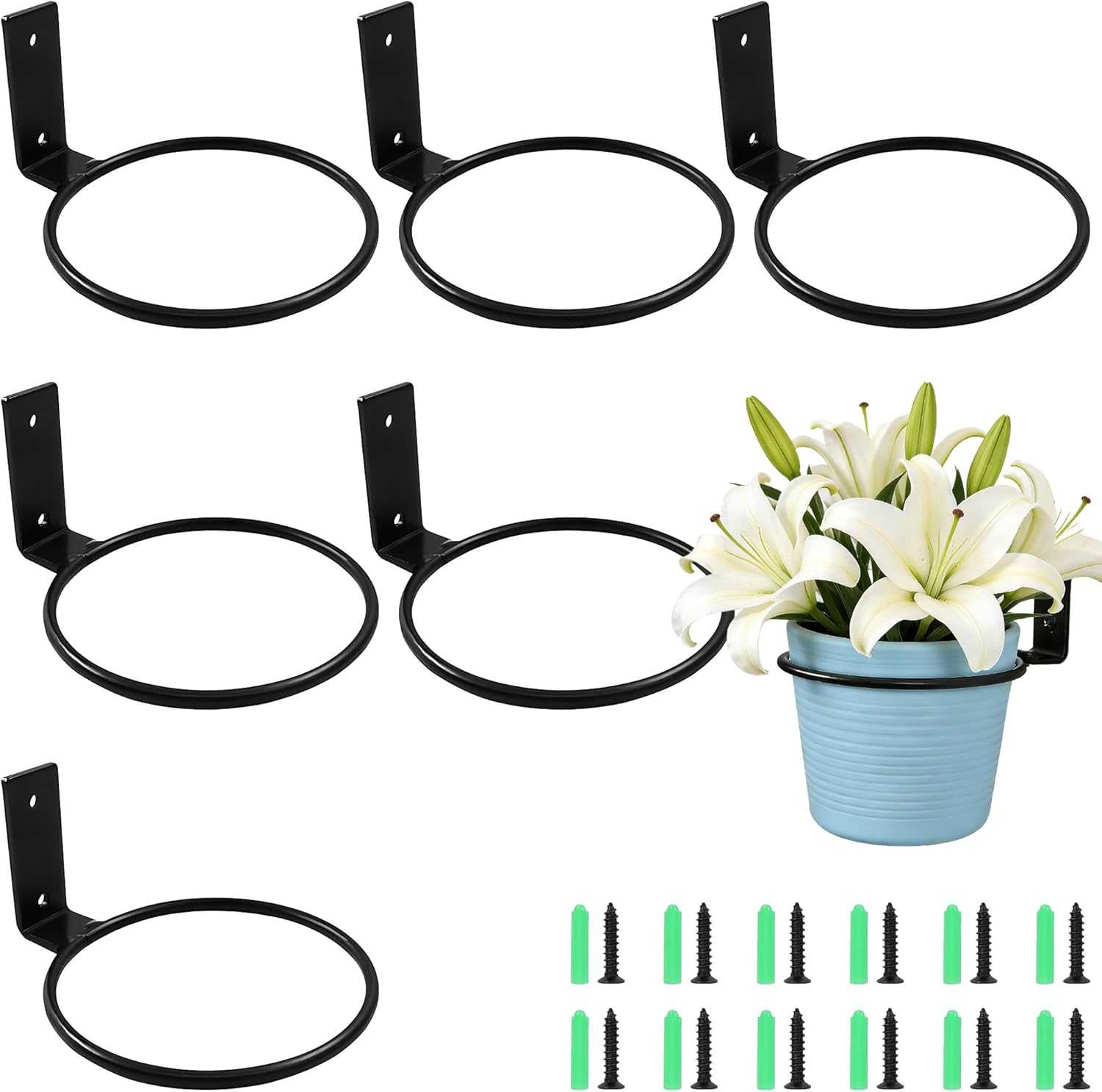 6 Pack 8 Inch Flower Pot Holder Ring Wall Mount Brackets, Black Metal Plant Holder Rings with 12 Screws & 12 Bolts, Potted Planter Brackets for Indoor Outdoor Garden, Patio
