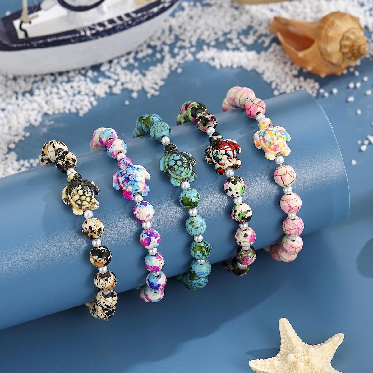 Pingyongchang Colorful Turtle Beaded Bracelets Natural Stone Sea Turtle Ocean Stretch Bracelets Bohemian Beach Holiday Jewelry Gifts for Women Men - Image 4