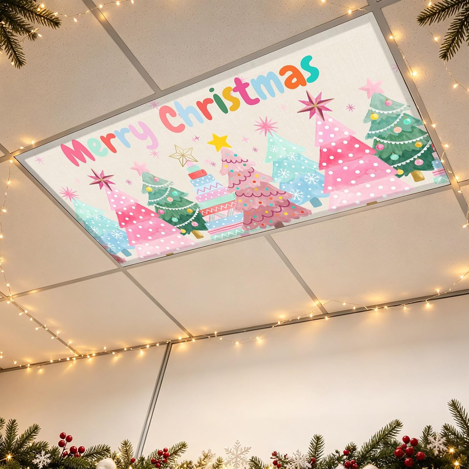 Merry Christmas Fluorescent Light Covers, Winter Farmhouse Colorful Stripe Xmas Tree Star Magnetic Light Cover for Ceiling Lights, Light Filters for Classroom Home Office 1 Pack