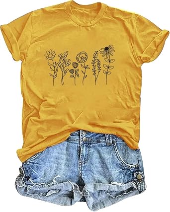 Vintage Flowers T Shirt Women Wildflower Graphic Tees Boho Floral Printed Top Short Sleeve Casual Summer Shirts