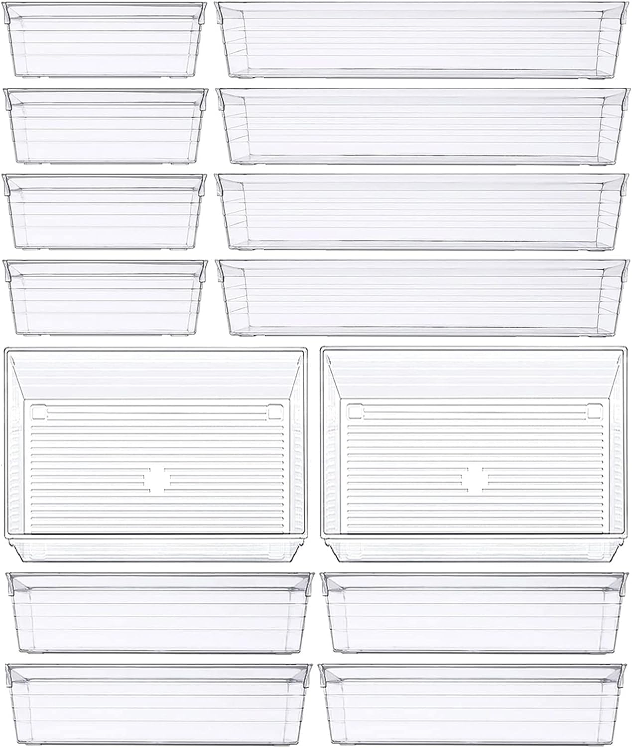 HOOJO 14 PCS Clear Drawer Organizer Set – 4-Size Plastic Desk Drawer Dividers for Bathroom, Vanity, Makeup, Jewelry, Kitchen & Office Storage Bins