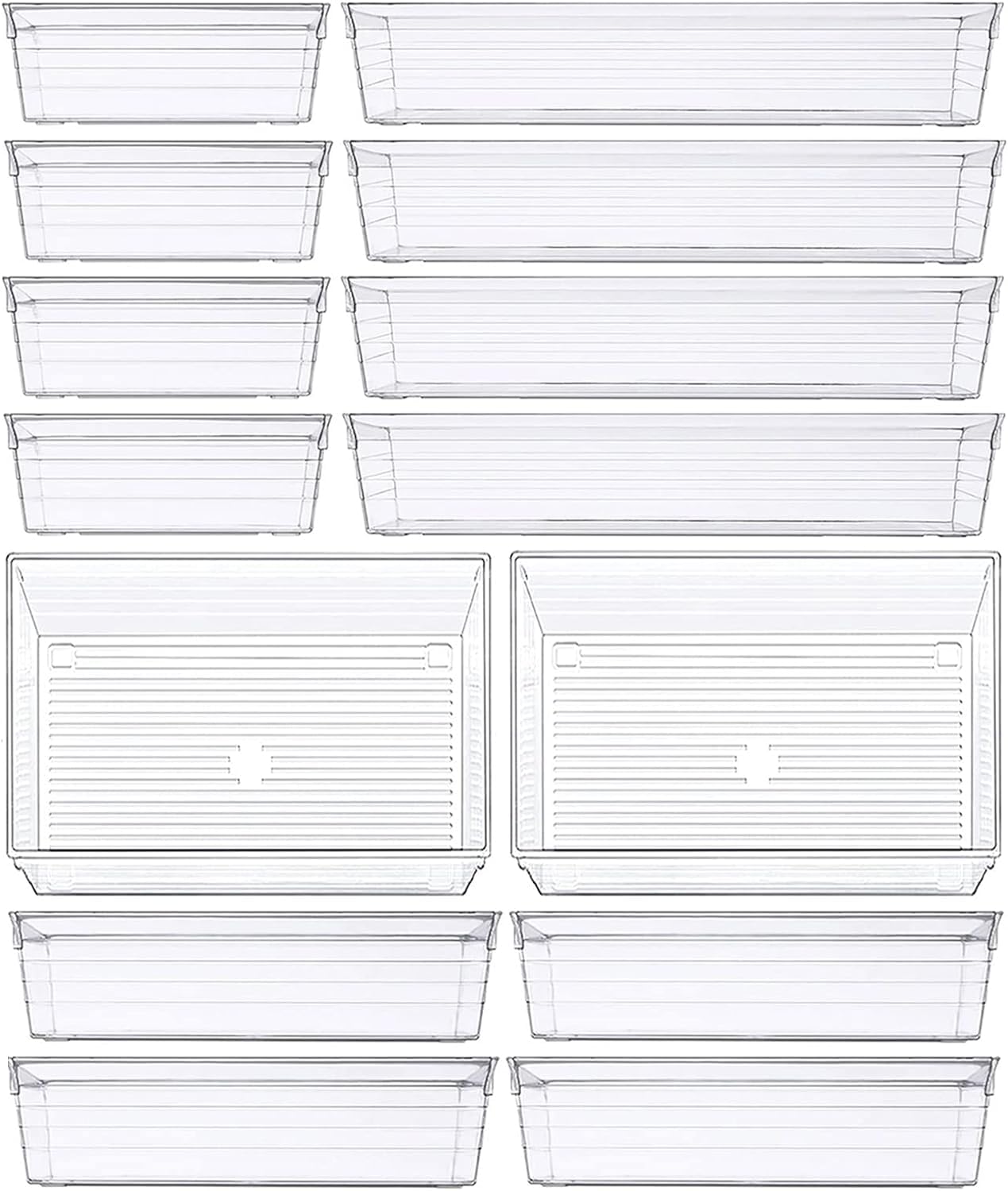 HOOJO 14 PCS Clear Drawer Organizer Set – 4-Size Plastic Desk Drawer Dividers for Bathroom, Vanity, Makeup, Jewelry, Kitchen & Office Storage Bins