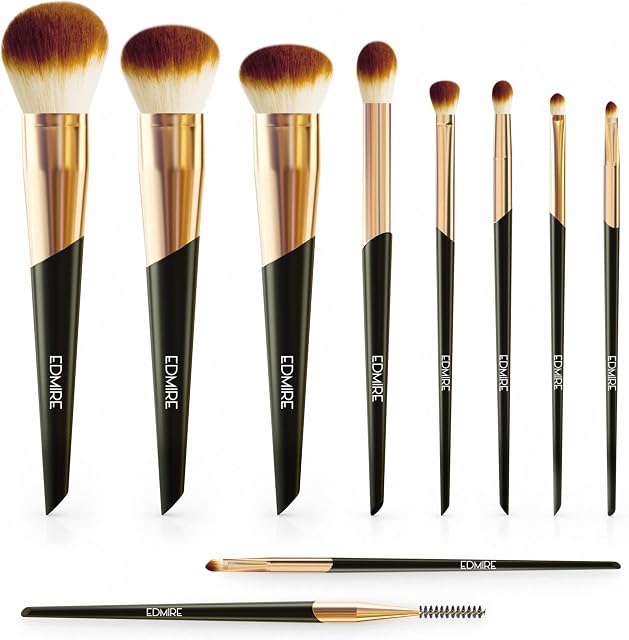 EDMIRE 10pcs Makeup Brushes including Foundation Brush, Eyeshadow and Eyebrow brushes & a Make up Bag. Essential Make up Brushes Set Gift for Women for Christmas, Anniversary or Valentine  BLACK GOLD