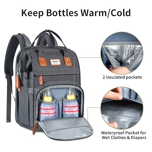 Miniatura 4 de HOBEST Mochila para pañales bolsa de pañales de viaje grande multifunción con cambiador y puerto de carga USB para mamás papás bolsa de bebé unisex
