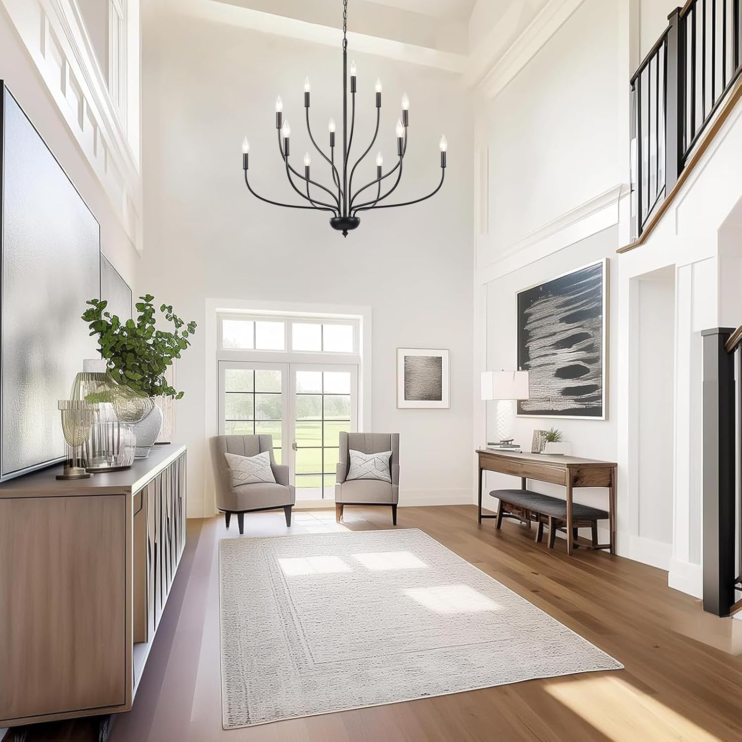 12-Light Black Chandelier for Dining Room, 34 Inch Large Farmhouse Chandeliers for High Ceilings, Foyer Industrial Modern Pendant Light Fixture for Living Room Entryway Hallway Kitchen Island Lights