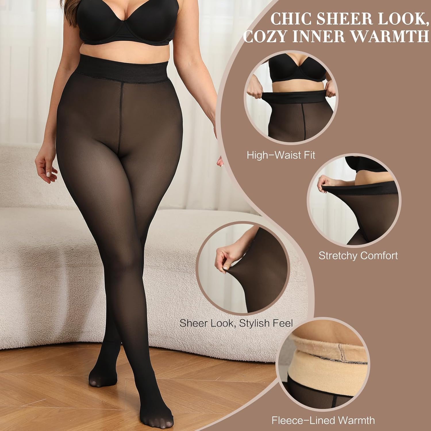 ARRUSA Plus Size Fleece Lined Warm Tights for Women - Winter Thermal Pantyhose Fake Translucent Leggings for Lady Queen Size - Image 2