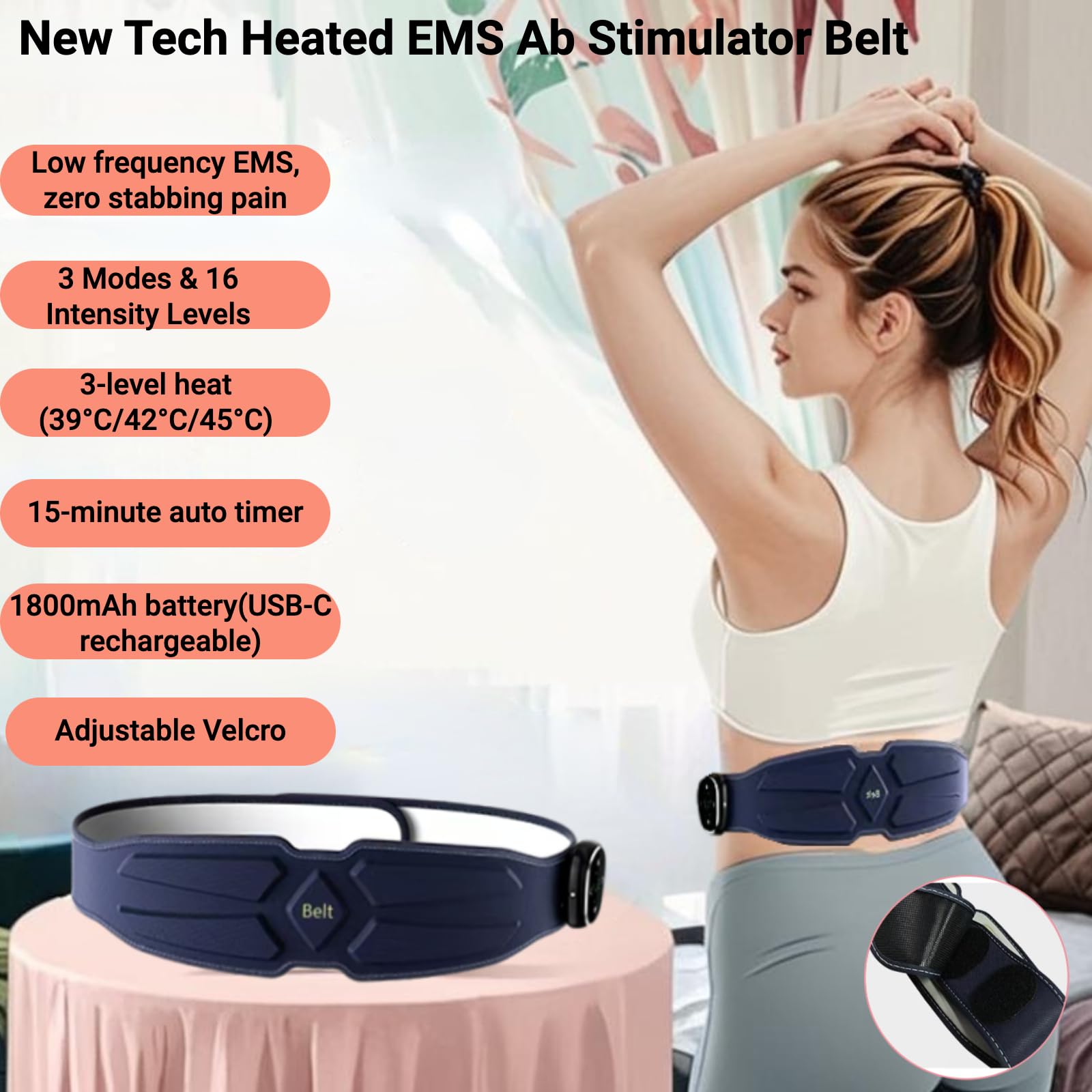 Beheizter EMS-Bauchmuskelstimulator – 3 Modi & 16-stufig einstellbarer Bauchmuskeltrainer mit Digitalanzeige, 110 cm (43,3 Zoll) langer Muskelaufbaugürtel für Bauchfettverbrennung,Körperformung