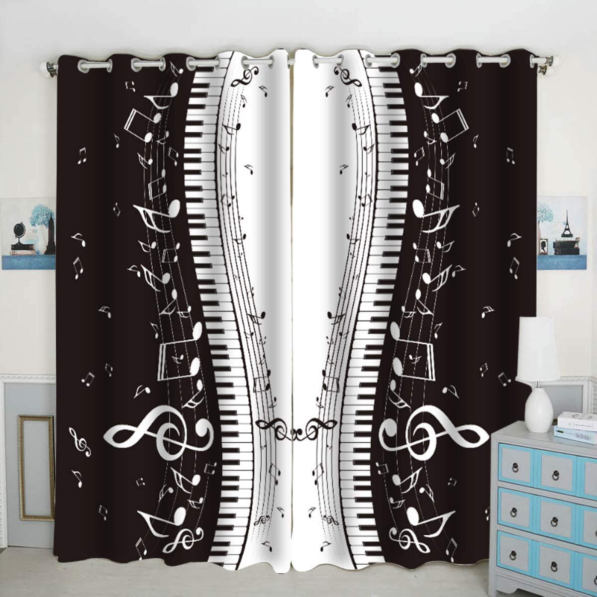 FBS 3D Music Digital Printed Polyester Fabric Curtains for Bed Room Kids Room Living Room Color White Window/Door/Long Door (D.N.52) (1, 4 x 9 Feet (Size ; 48 x 108 Inch) Long Door)