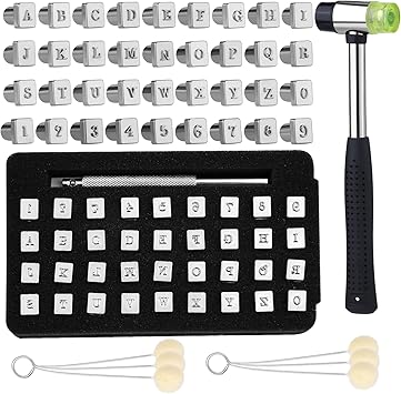 Wonvoc 44 Pcs Leather Stamping Tools, 36 Pcs Leather Letter Stamps, Leather Stamping Kit, with Wool Dauber Stamping Tools, Leather Hammer, for DIY Leathercrafts