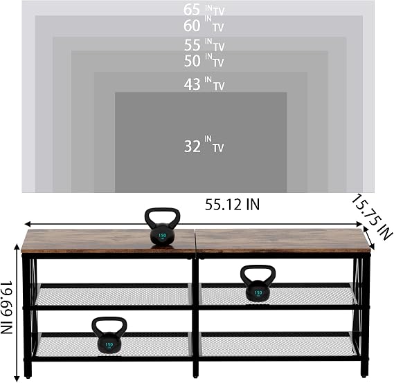 TV Stand for TV up to 65 Inch, Long 55 TV Cabinet with 3-Tier Storage Shelves, Industrial Style TV Console Table for Living Room with Rustic Brown and Matte Black Finish