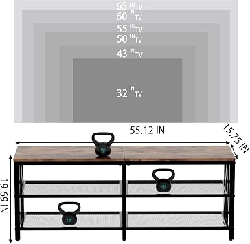 TV Stand for TV up to 65 Inch, Long 55 TV Cabinet with 3-Tier Storage Shelves, Industrial Style TV Console Table for Living Room with Rustic Brown and Matte Black Finish