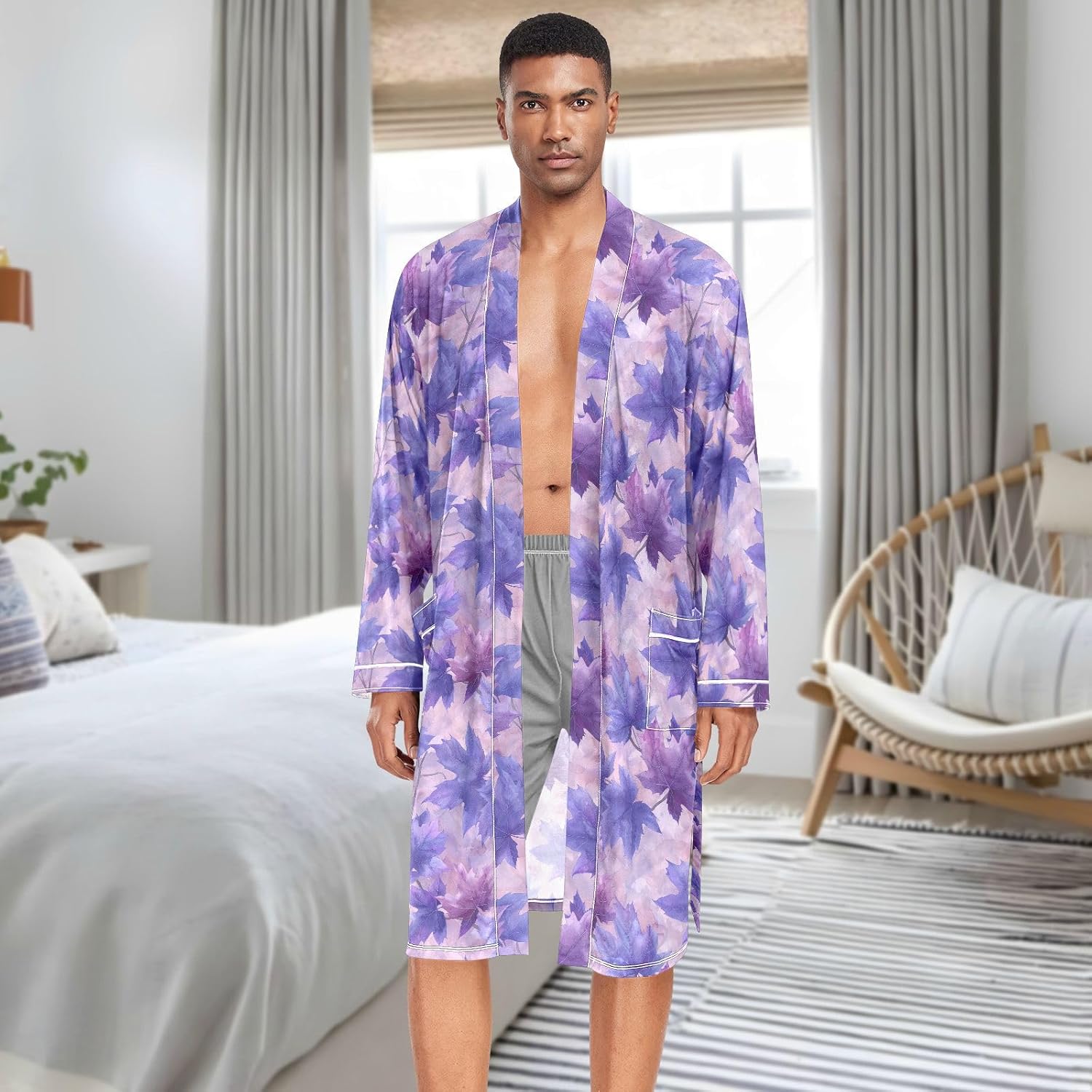 Watercolor Painting Maple Leaf Amethyst Mens Bathrobes Big & Tall Long Sleep Shirt for Sleeping XL
