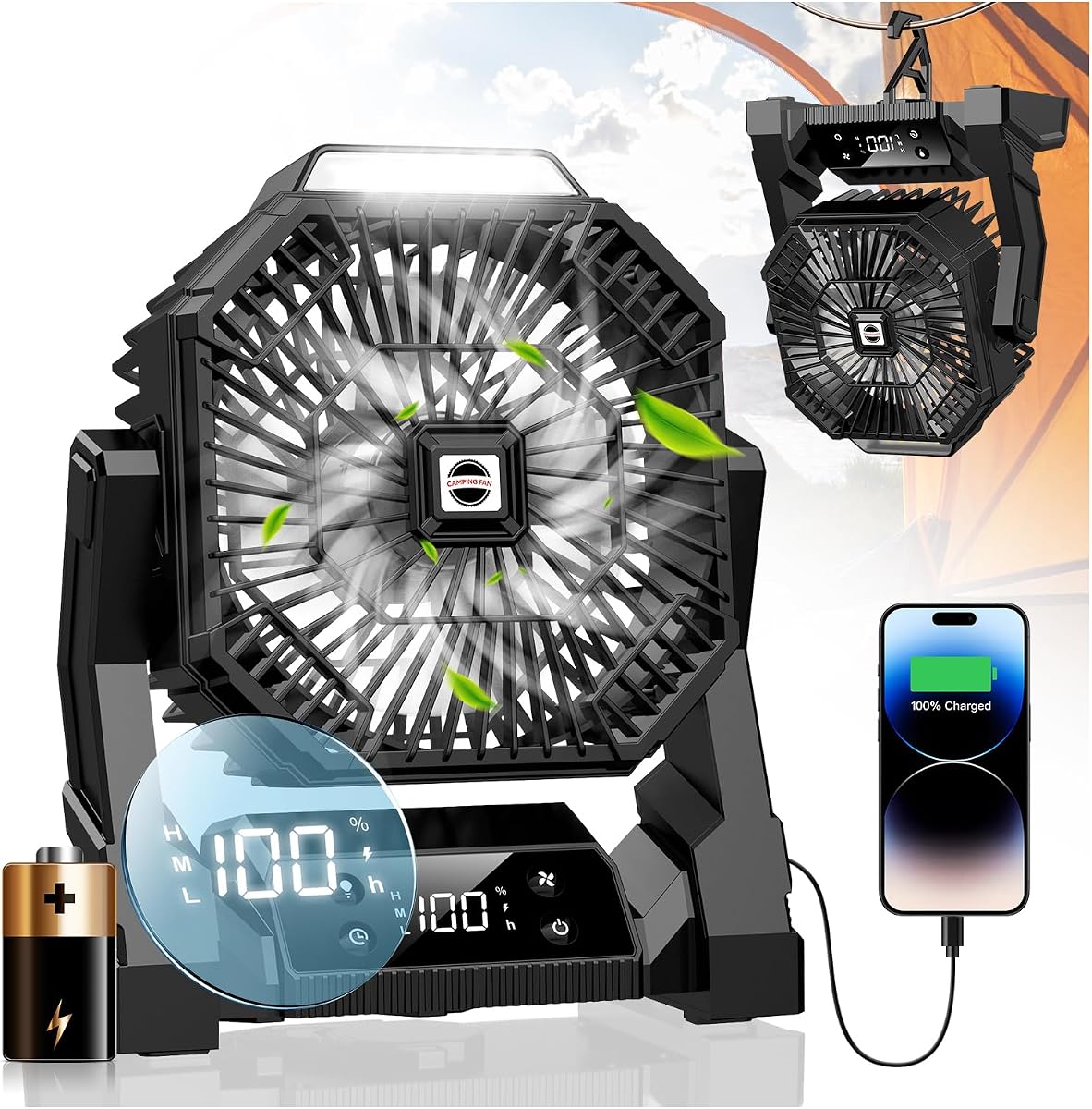 Portable Camping Fan with LED Lantern, 30000mAh Rechargeable Battery Operated Fan with 5 Speeds & Digtal, Personal USB Table for Camping Essential ＆ Hurricane-Ready