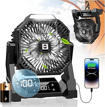 Portable Camping Fan with LED Lantern, 15000mAh Rechargeable Battery Operated Fan with 3 Speeds & Digtal, Personal USB Table for Camping Essential & Hurricane-Ready