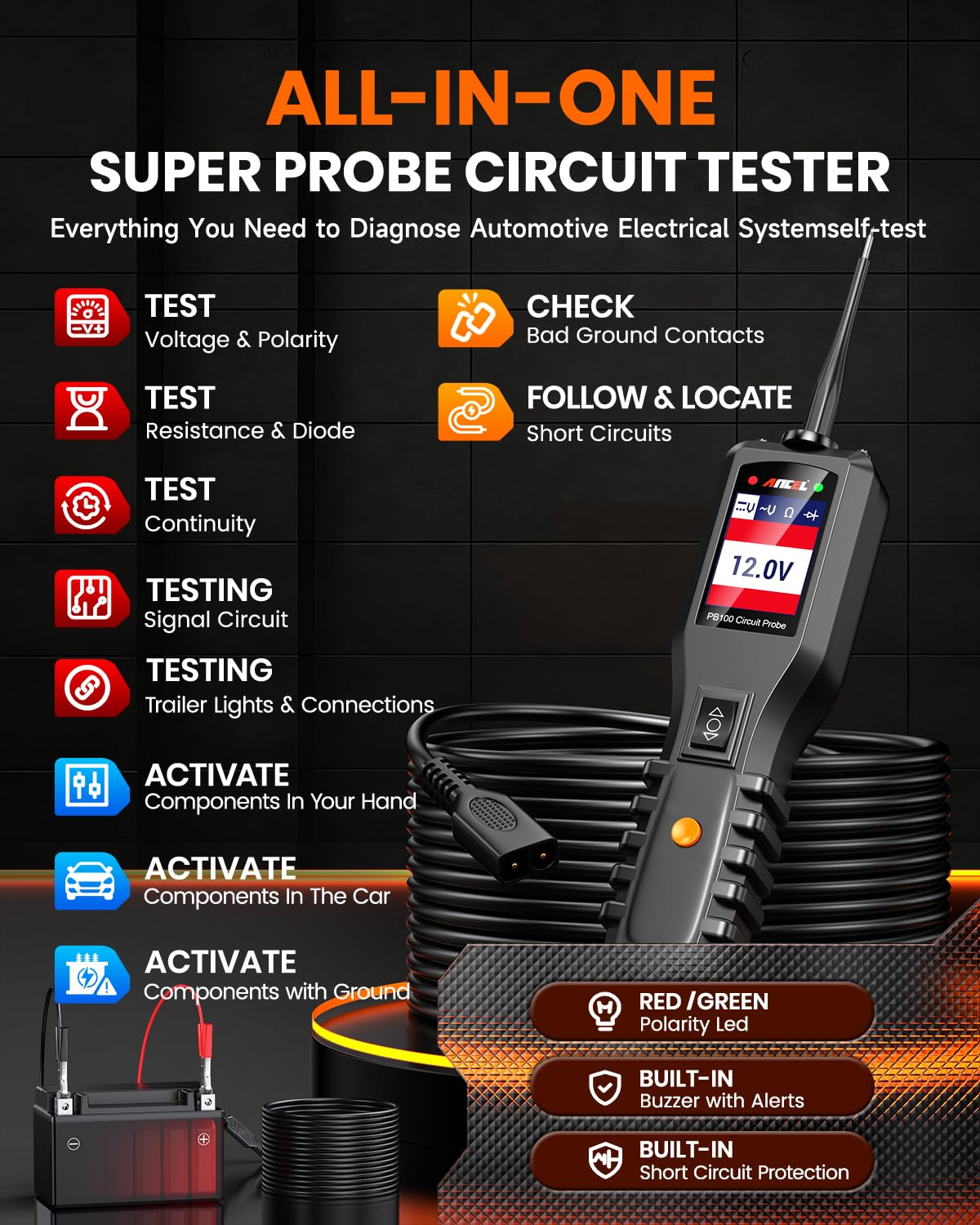 ANCEL PB100 Automotive Power Circuit Probe, 12-24 VDC Car Electrical Diagnostic Tool, AC/DC Voltage Current Resistance Short Detection, Trailer Fuse Tester, Digital Voltmeter Ohmmeter, 40FT Cables