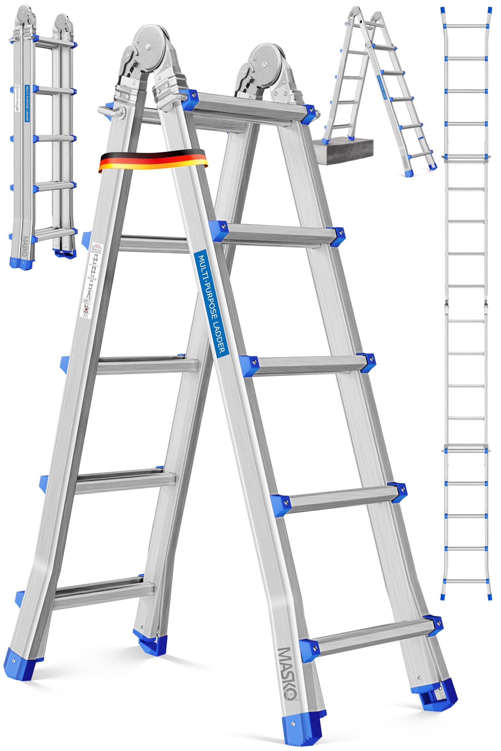 MASKO® Escalera de Aluminio multifunción 5,10m 4x5 peldaños Escalera telescópica ✓ Escalera multifunción ✓ Escalera Plegable Escalera de Caballete Escalera Extensible Escalera de Tijera de Doble Cara