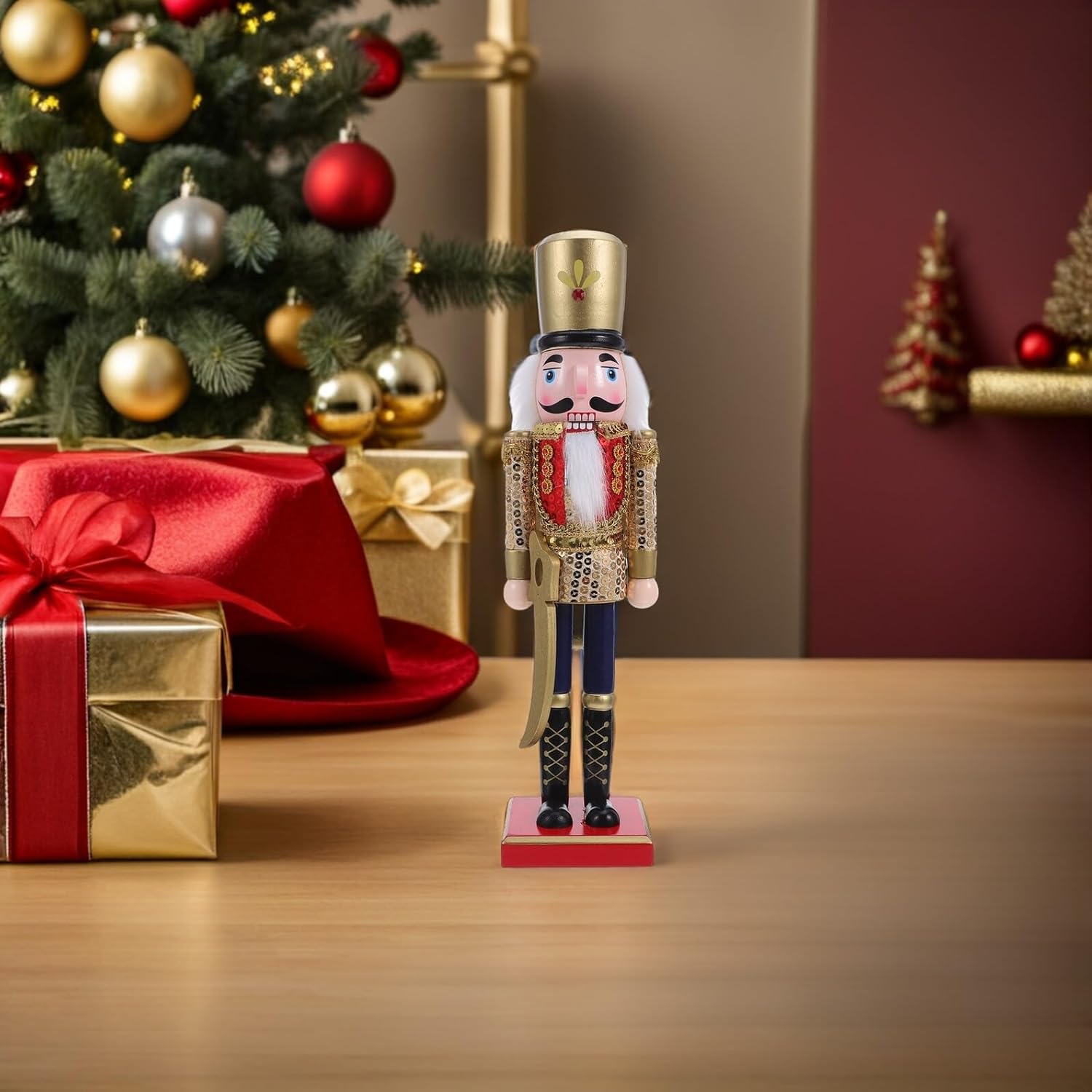 VALICLUD Christmas Nutcracker Figurine 38cm Wooden Holiday Nutcracker Decoration Gold Sequins Soldier for Desktop Tabletop Xmas Home Décor