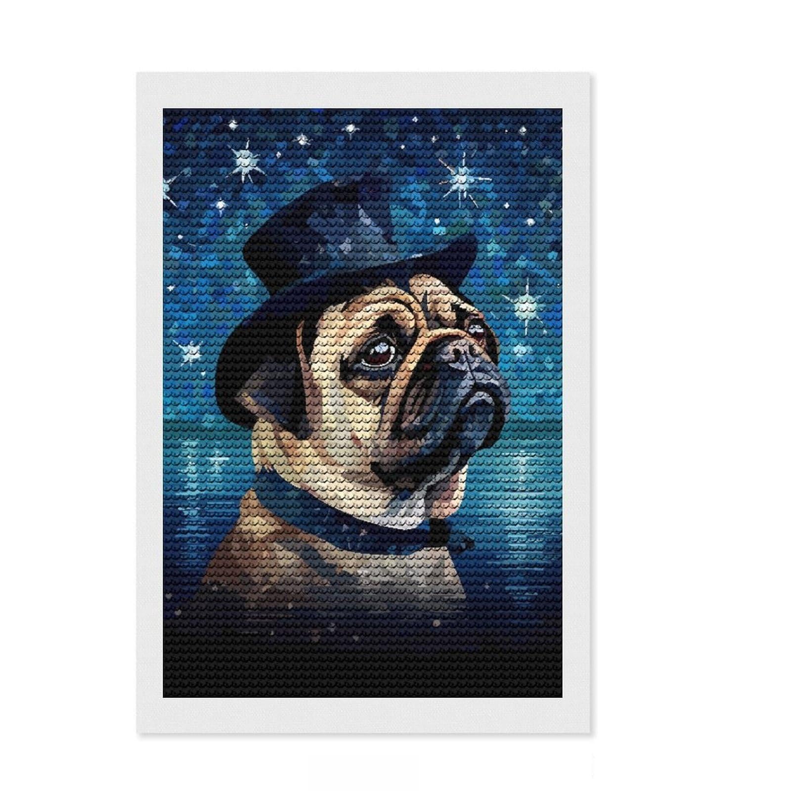 Junmoney Pug Top Hat Pixel Art Diamond Painting Set 8"x12", Stress Relief Craft, Satisfying Creative Project, Modern Decor, Holiday Gift Idea