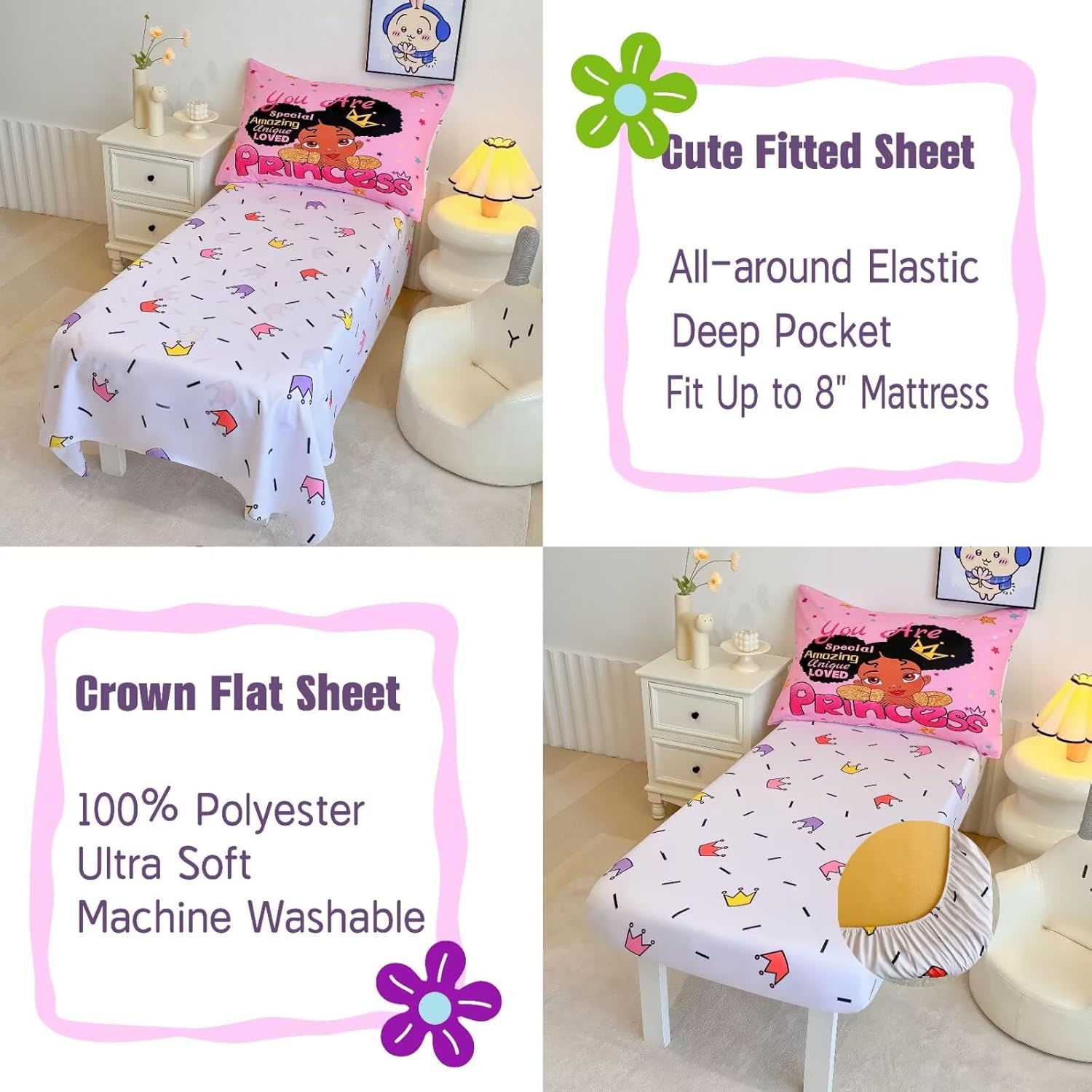 4 Piece Toddler Bedding Set for Girls,Toddler Black Girl Magic Comforter Set,Black Princess Toddler Bed Comforter Set Includes Comforter, Flat Sheet,Fitted Sheet,Pillowcase - Image 5