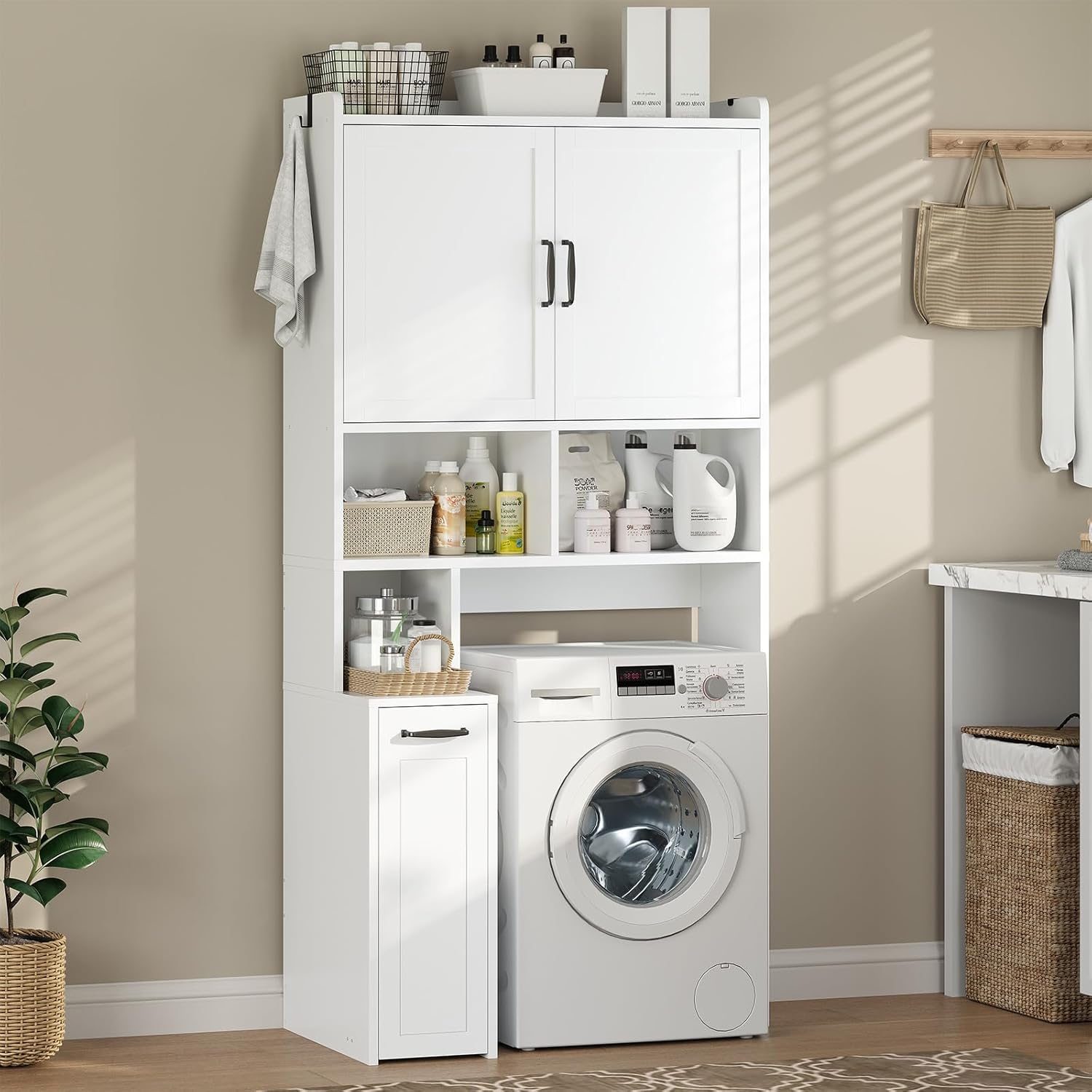 Over The Toilet Storage Cabinet with Rolling Storage Cart, Bathroom Organizers and Storage with Adjustable Shelf & Hooks, Above Toilet Rack for Bathroom, Restroom, Laundry, Save Space, White