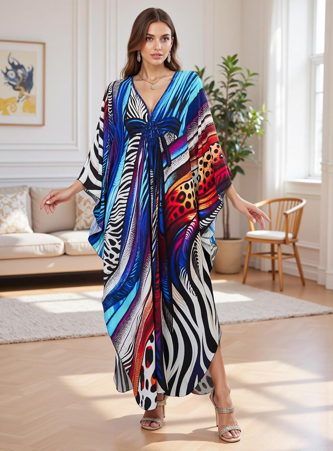 Women's Caftan Dresses Plus Size Mumu with V-Neck Batwing Sleeves Lightweight Beach Cover Up and Loungewear - Image 5