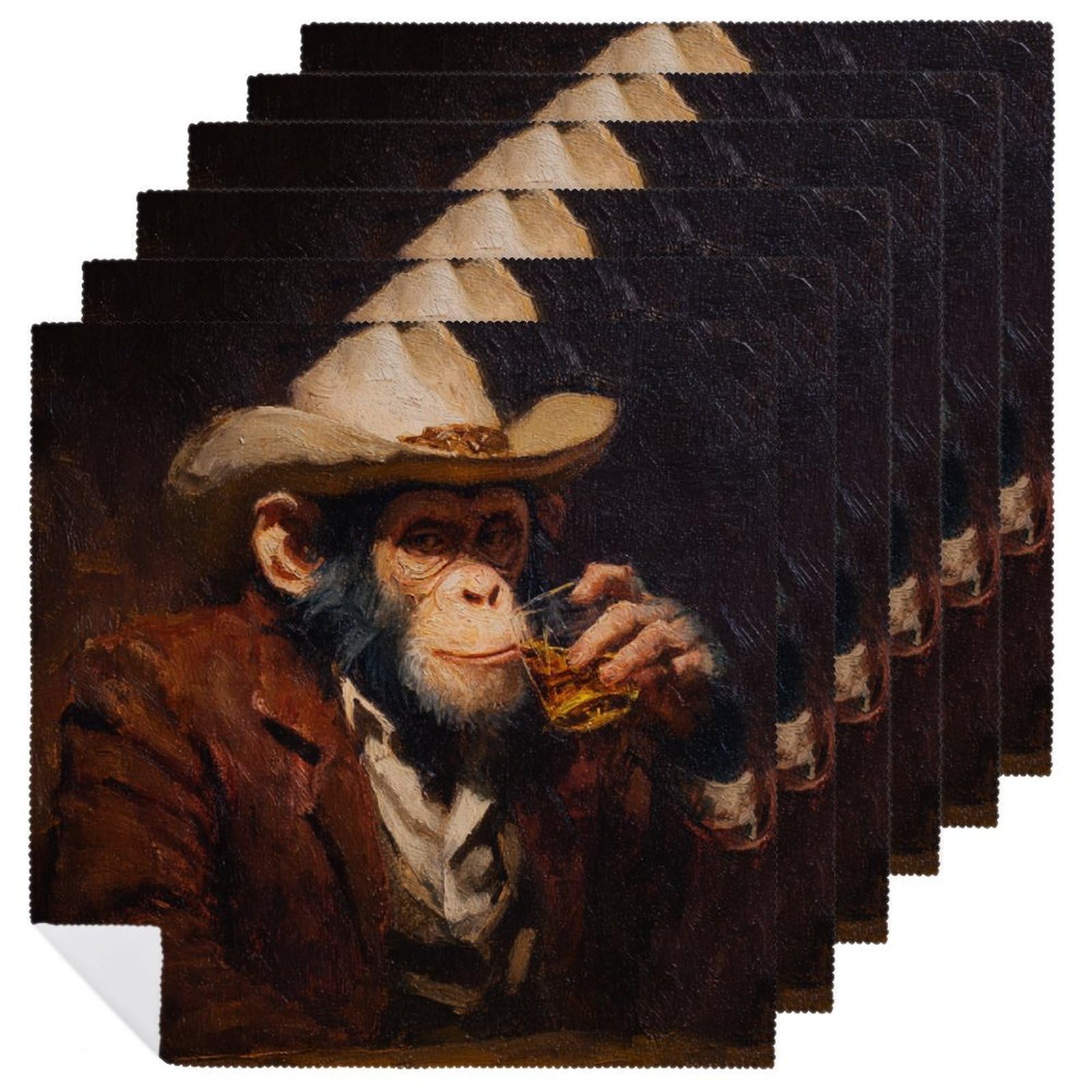 Monkey in Cowboy Attire Drinking at Bar Cloth Napkins Set of 6, Square Premium Reusable Washable Polyester Table Linen Napkin for Dinner Party