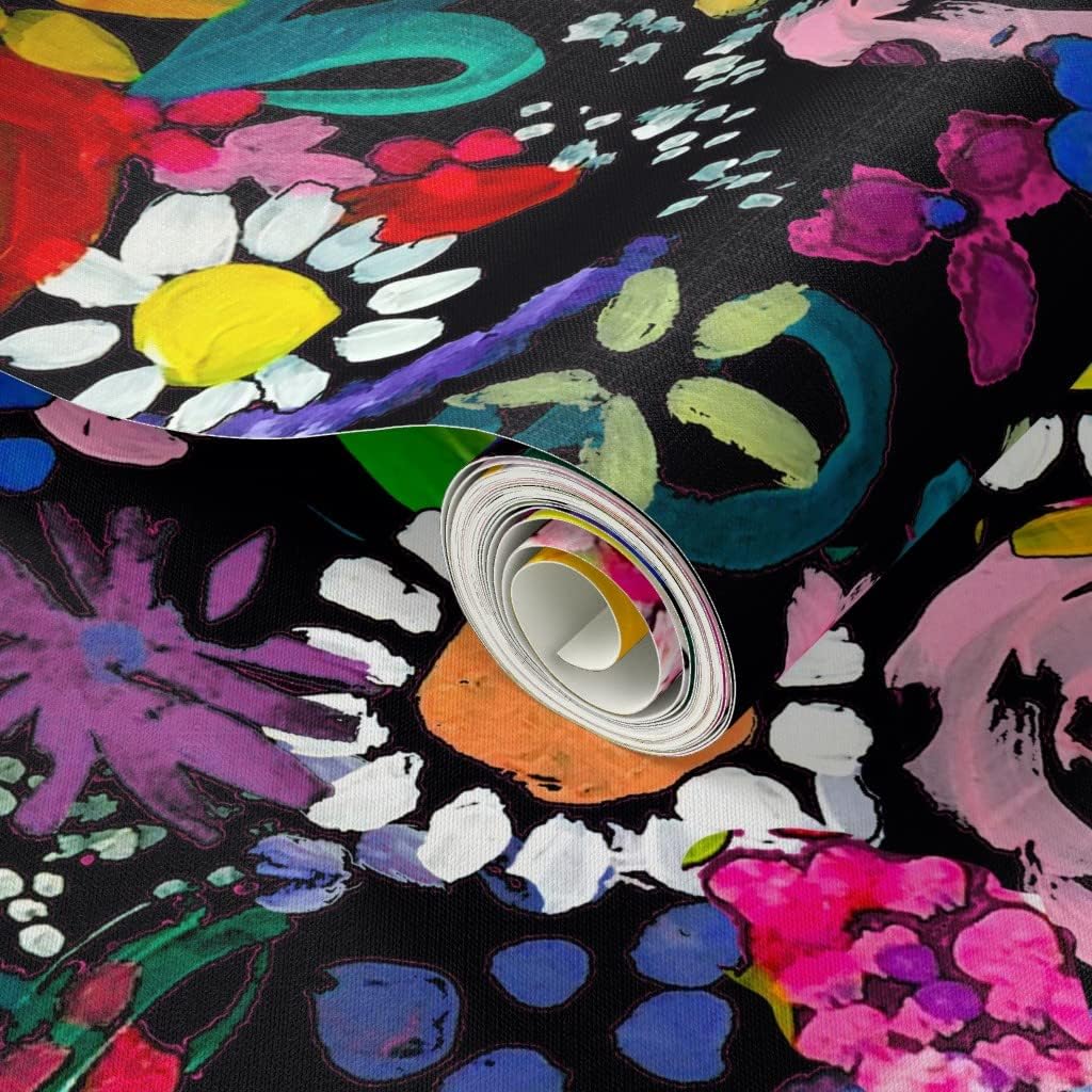 Peel & Stick Wallpaper 3ft x 2ft - Bright Floral Painting Colorful Florals with Black Backg Neon Summer Flower Custom Removable Wallpaper by Spoonflower