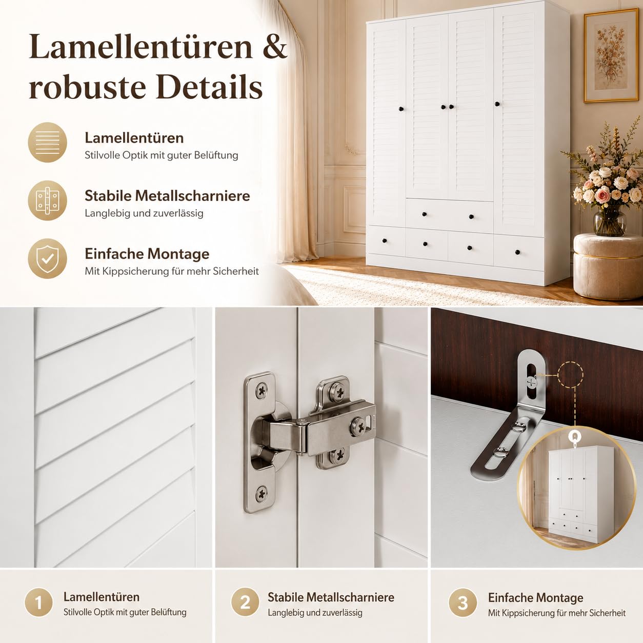 Kleiderschrank mit 4 Türen & 5 Schubladen, 150 × 180 cm, Weiß