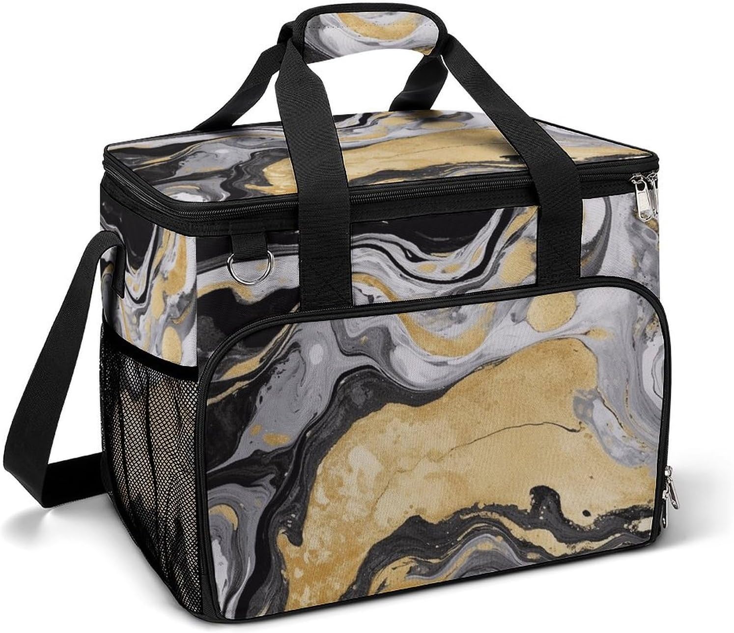 Insulated Picnic Backpack Tote Bag, Large Capacity 30L Black Golden Marble Ink Cooler Bag Leakproof Beach Bags Portable Lunch Box Waterproof Picnic Basket for Beach Camping BBQ