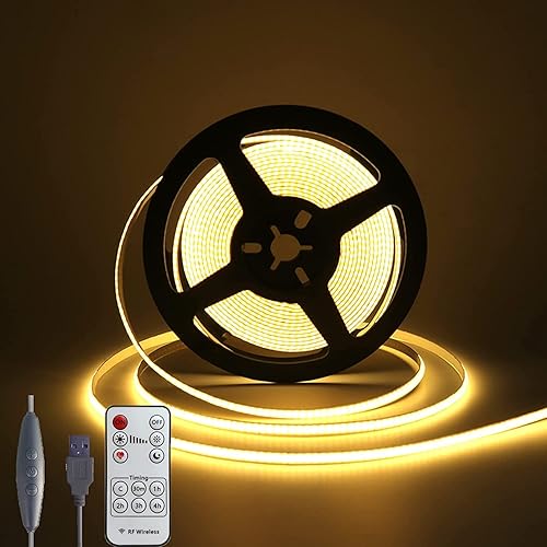 XUNATA Tira LED COB de 19.7 in, USB 5 V 320 LEDsM, tira de LED flexible regulable de 3500 K, banda LED COB blanca cálida, no impermeable, tira de