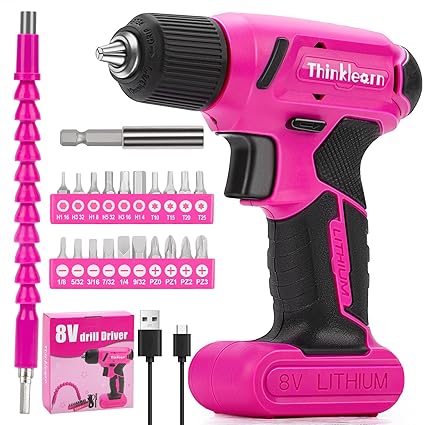 ThinkLearn 8V Pink Cordless Screwdriver Set with Rechargeable Battery and Charger, Rotating Handle