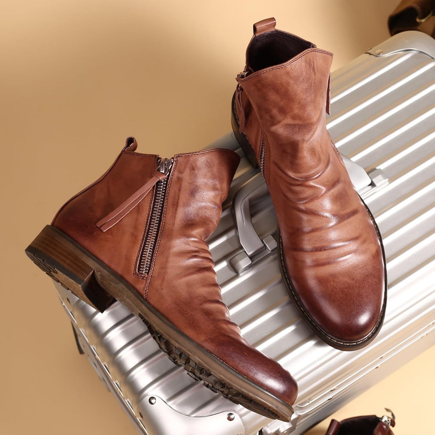 Men's Fashion Leather Chelsea Boots,Vintage Classic Pointed Toe High-Top Dual Side Zip Business Office Dress Short Boots