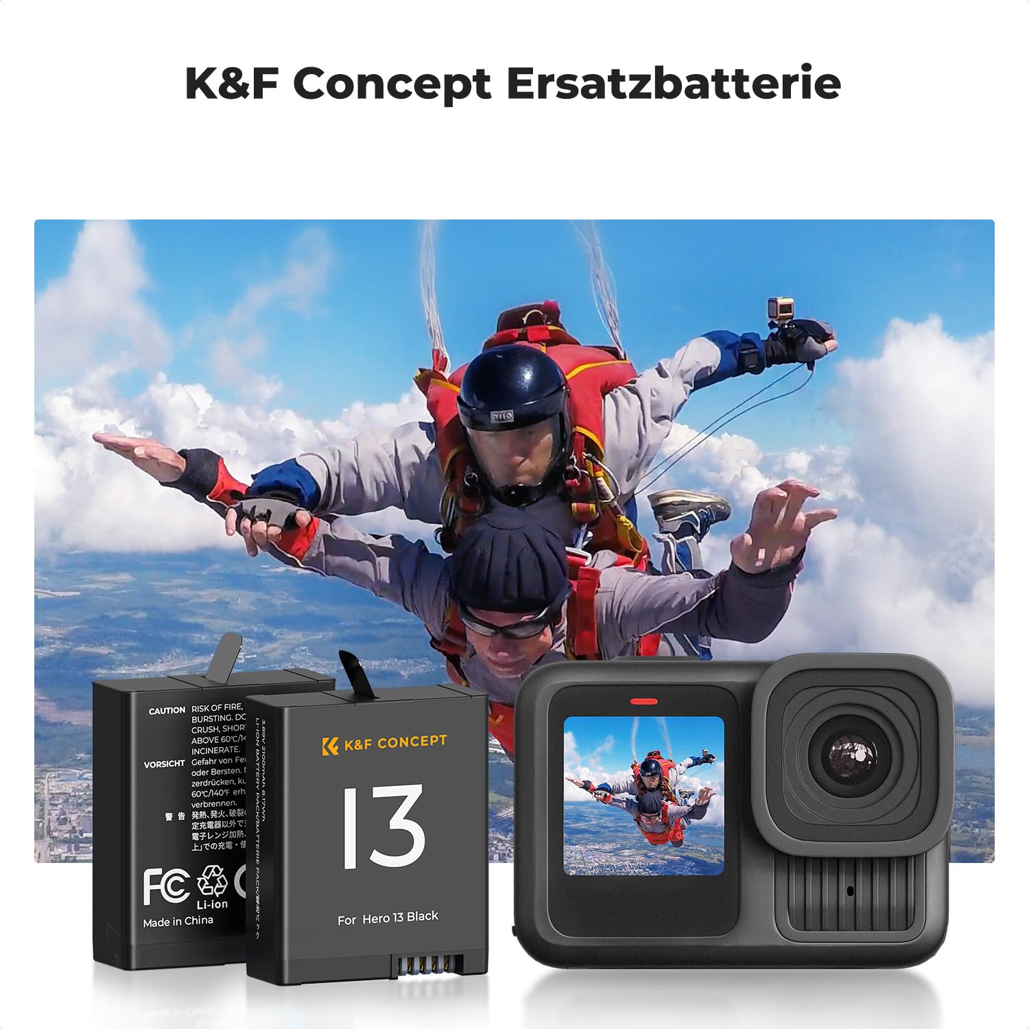K&F CONCEPT Hero 13 Kamera Akku 2100mAh, Dreifach-Power, Dreifach-Slot mit Organizer Typ LED-Ladegerät-Kit kompatibel mit GoPro13 Black