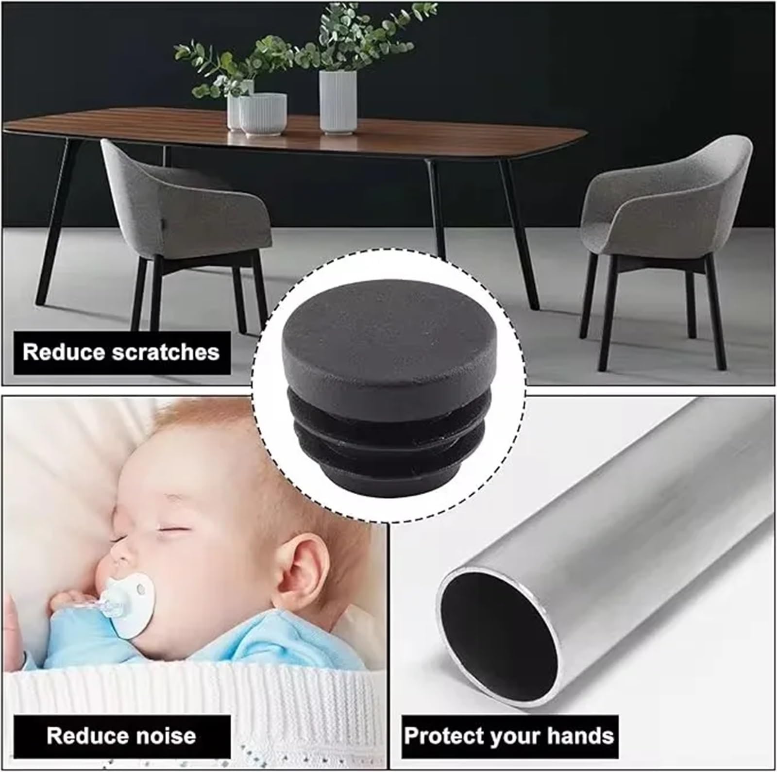 Kunststoff-Endkappen, Rohreinsätze, Stopfen für Stuhlbeine, 10–60 mm, Schwarz, 40 Stück