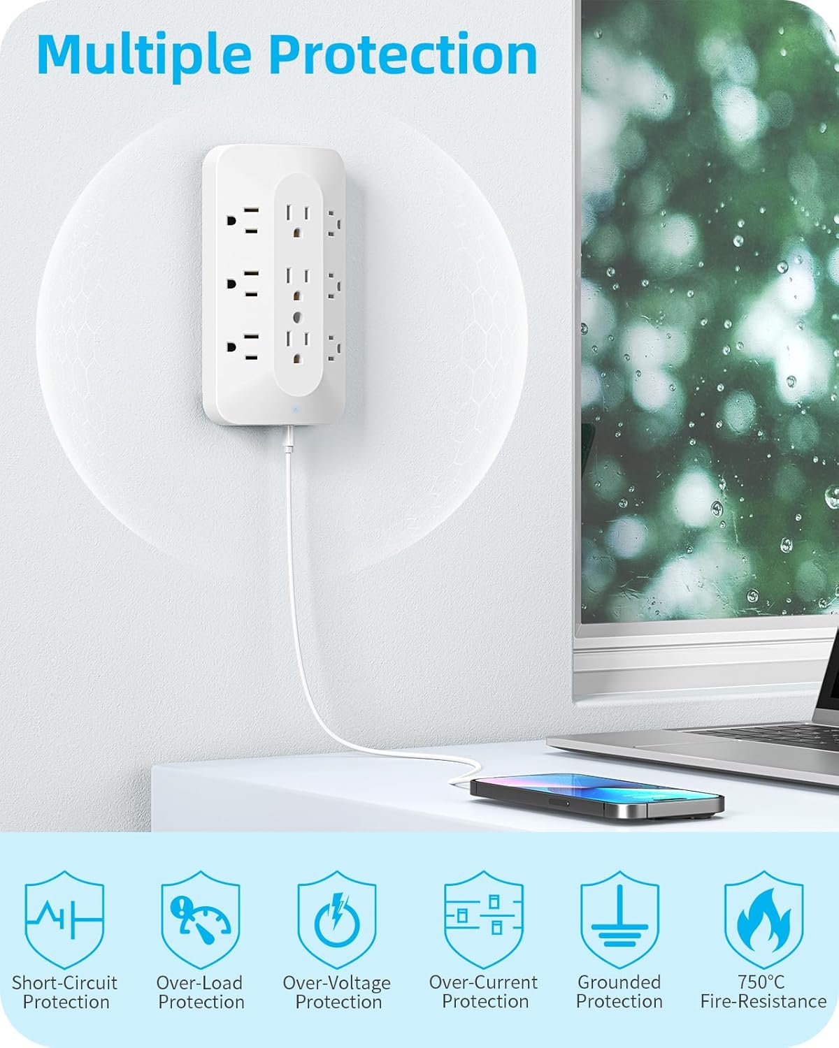 9 Outlet Extender, Multi Plug Wall Outlet with 4 USB Charging Ports (2 USB C), 3 Sided Surge Protector Power Strip for Home, Office, Dorm Essentials, White