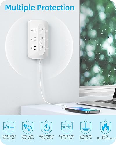 Miniatura 6 de Extensor de toma de pared, divisor de 9 salidas con 4 puertos USB (2 USB C), expansor de salida de pared de múltiples enchufes, tira de alimentación