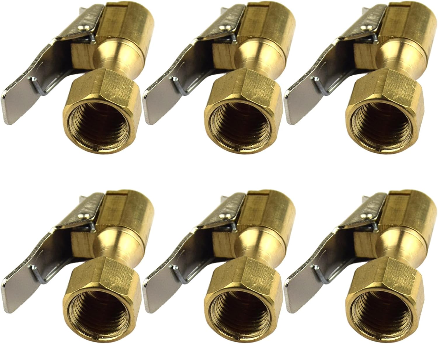 6pcs Heavy Duty Brass Tire Inflator Air Chuck with Locking Clip 1/4" Npt Female Thread No Leakage Air Adapter for Vehicle Tire Compressor Pumps